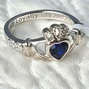 Shan Ore 925 Silver Ring September Blue Birthstone Claddagh Irish Heart